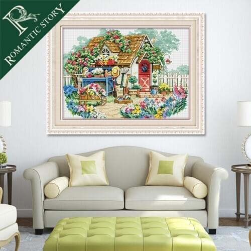 Romantic Story Colorful Flower House Paintings Counted Cross Stitch Cotton Fabric Embroidery Cross Stitch Kit all for Needleword