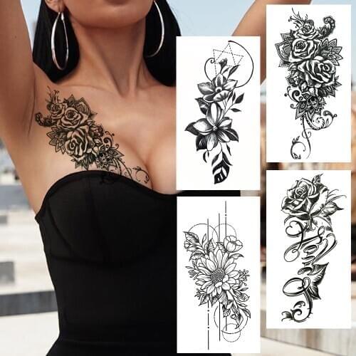 DIY Peony Flower Fake Temporary Tattoo For Women Large Sexy Sunflower Tattoos Sticker Waterproof Leaves Tatoo Paper Shoulder Art
