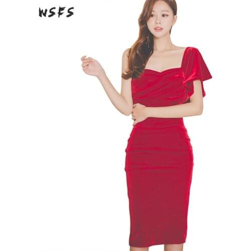 Spring Summer Dresses Red Black Blackless One Shoulder Velvet Womens Dress 2019 Club Bandage Sexy Party Midi Pencil Wrap Dress