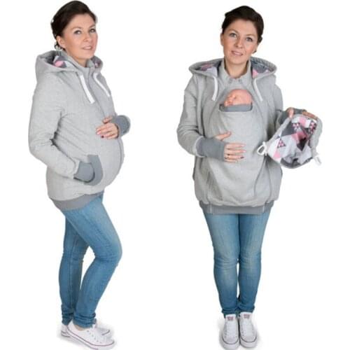 3 in 1 Hoody For Pregnant Women Solid Color Cotton Warm Removable Baby Carrier Kangaroo Maternity Sweatshirt Pregnancy Clothing