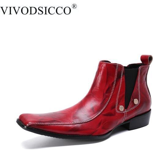 VIVODSICCO New Red Pointed Toe Men Ankle Boots Genuine Leather Botas Hombre Cowboy Military Boots Prom Dress Shoes