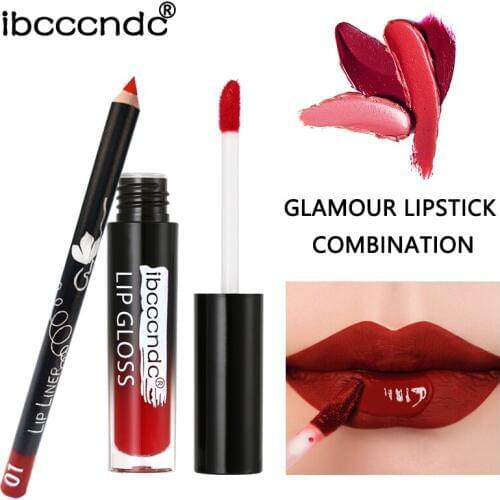 IBCCCNDC Waterproof Long Lasting Semi-Matte Lip Gloss+Lipliner Liquid Lipstick Matt Lips Liner Pen Pencil Makeup Cosmetic