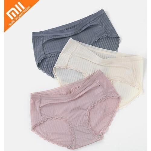 Xiaomi 3pcs Women Seamless Ice Silk Underwear Sexy Translucent Lace Mid-waist Woman Briefs Cotton Crotch Antibacterial Lingerie