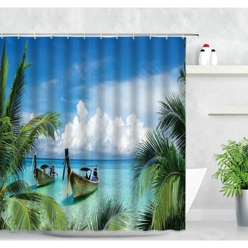 Ocean Natural Scenery Shower Curtains Waterproof Fabric Bath Screens Beach Boat Tropical Plant Green Leaf Bathroom Decor Curtain
