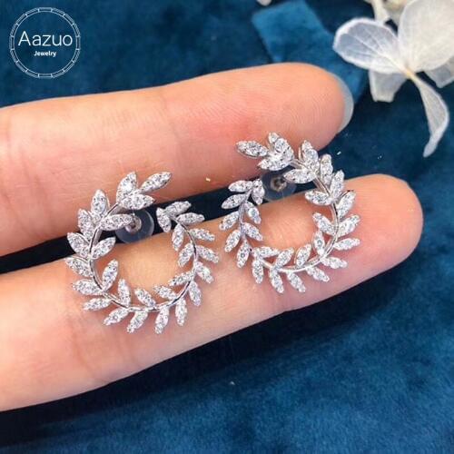 Aazuo Real 18K White Gold Real Diamonds 1.16ct Fashion Flower Olive Branch Stud Earrings gifted for Women Wedding Party Au750
