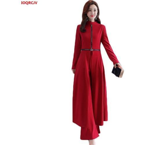 2019Spring Autumn Women Suit Female Elegant Wide-leg Trousers Suit Ladies Split Dress +High Waist Wide Leg Pants 2 piece Set 351