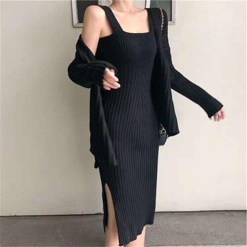Autumn Winter Pullover Knitted Dresses Suit 2 Piece Set Women Sweater Tops+ Knee Skirt High Waist Knitted Female Sets