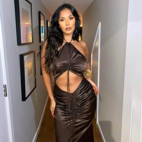 Adogirl Halter Backless Ruched Bodycon Mid Dress Women Summer Party Skinny Elegant Sleeveless Dresses Female Fashion Streetwear