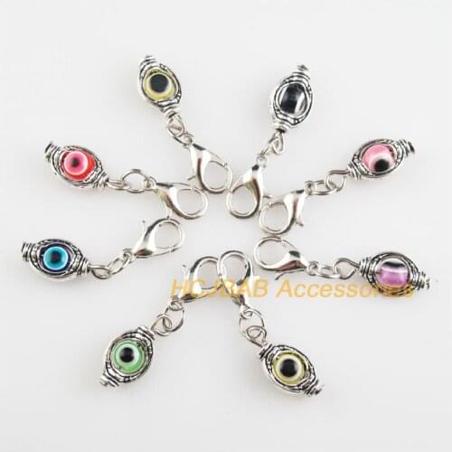 16Pcs Tibetan Silver Tone Oval Retro Mixed Eye Resin 8x16mm With Lobster Claw Clasps Charms