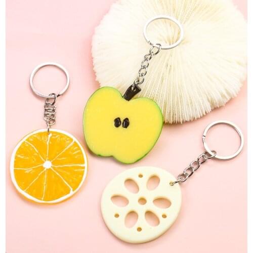 Mini Food Fruit Slices Keychain Orange Apple Lotus Root Vegetable PVC Pendant Key Chain Ring Bag Ornament Woman Jewelry Gift
