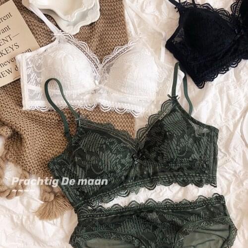 French Lace Thin Triangle Cup Big Breasts Show Small Sexy Backless Beauty Back Wire Free Bra Push Up Comfortable Underwear Set