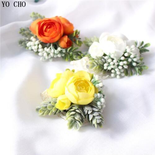 YO CHO Artificial Flowers Wrist Corsage Bracelet for Bridesmaid Boutonniere Wedding Corsage Pins Silk Roses Marriage Brooches