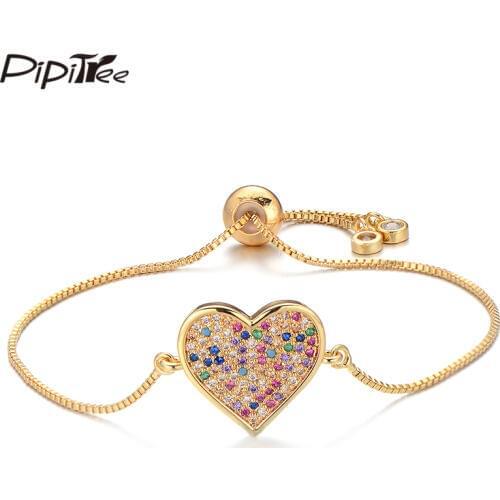 Pipitree Delicate Large Heart Charm Bracelet Slider Chain Multicolor Cubic Zirconia Bracelets for Women Lovers Trendy Jewelry