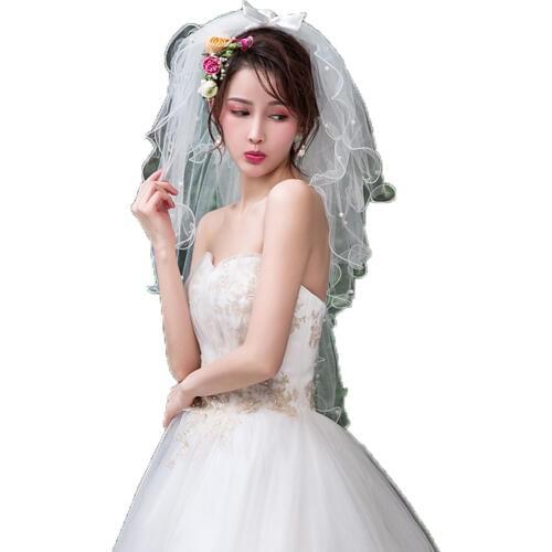Short Four Tiered Wedding Veils Pearls Trim Curled Edge Bridal Veil