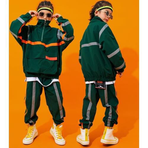 Boys Hip-Hop Dance Costume Green Long Sleeve Coat Hip Hop Pants Street Wear Autumn Winter Children School Stage Costume BI020