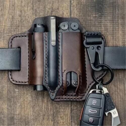 Leather Sheath Multitool Sheath EDC Pocket Organizer With Key Holder For Belt And Flashlight Camping Outdoor Tool Accessories