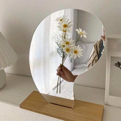 Minimalism Household Desktop Irregular Makeup Cosmetic Mirror with Wooden Base