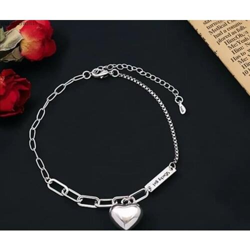 Fashion Charm Anklet S925 Silvery Heart Pendants 'Lucky Girl' Letter Geometric Asymmetry Chain Jewelry For Women Birthday Gifts