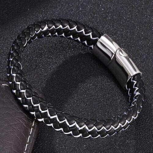 Men Jewelry Black White Braided Leather Bracelet Men Stainless Steel Magnetic Clasp Charm Bracelets Bangles Male Wristband Gifts