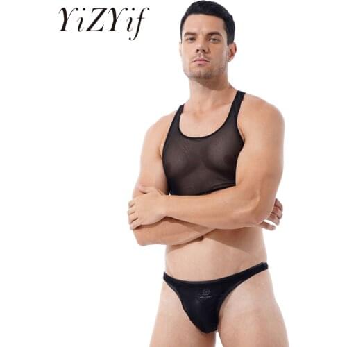 Mens See Through Mesh Erotic Sexy Lingerie Underwear Set Sleeveless Cropped Tank Top with Low Waist Thongs Briefs Swimwear