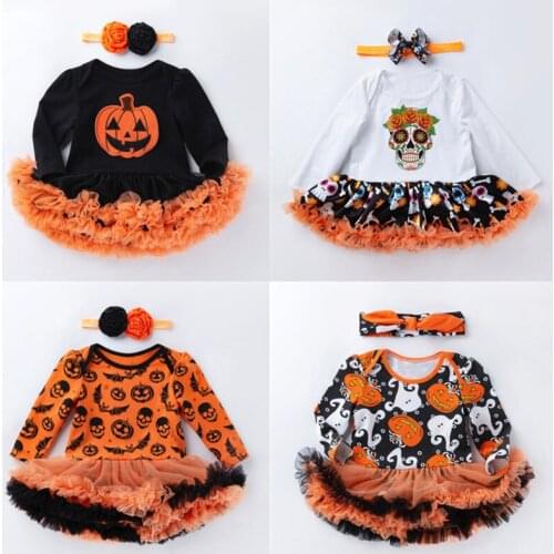 Hot Romper Dresses for Newborn Babys First Halloween Costumes Pumpkin Skull Pattern Jumpsuit Dress and Headband Suit Vestido