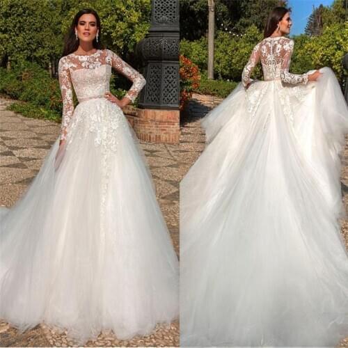 Long Sleeves A-Line Wedding Dresses Bridal Gowns Tulle With Ribbon Custom Made Spring Lace Appliques Top