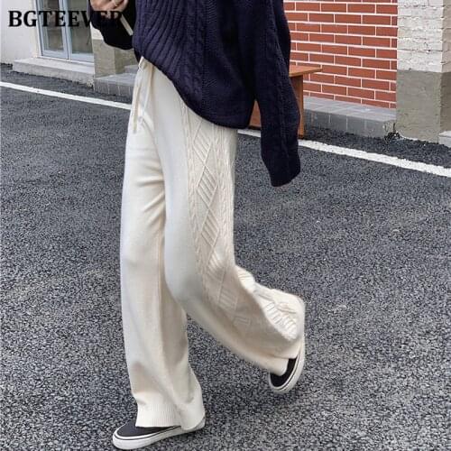 BGTEEVER Casual Plaid Elastic Waist Knitted Women Pants 2021 Autumn Winter Wide Leg Pants Drawstring Female Sweater Trousers