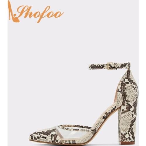 Snake Prints Clear Women Sandals High Chunky Heels Pointed Toe Buckle Strap Large Size 14 16 Ladies Summer Fashion Shoes Shofoo