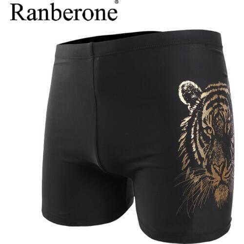 Ranberone Men Swimming Trunks Tiger Print Beach Swim Shorts Briefs Swimwear Black Pants Swimsuit Plus Size Bathing Shorts
