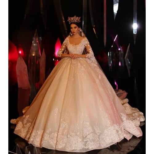 Luxury Crystal Princess Long Sleeve Ball gown Wedding Dresses Lace Applique 2020 Wedding Gowns Vintage Gothic Dress bridal gowns