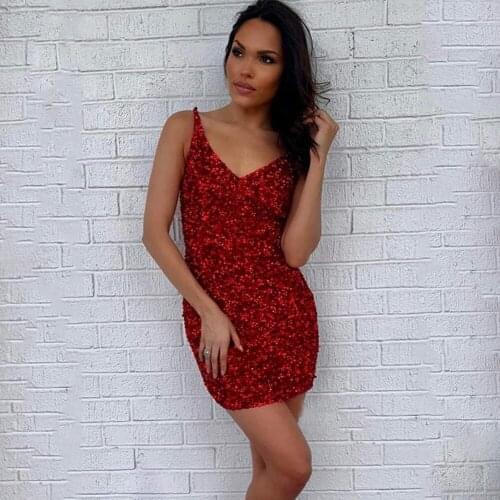 Sexy Short Prom Dress Spaghetti Straps V Neck Sleeveless Sparkling Sequin Sheath Mini Max Evening Party Gowns