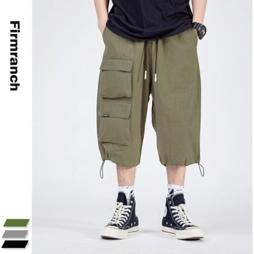 Firmranch New Summer Men Loose Wide Leg Shorts Cargo Pants Multi Pockets Casual Oversized Cropped Trousers Cotton Pirate Shorts
