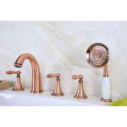 Antique Red Copper Brass Deck 5 Holes Bathtub Mixer Faucet Handheld Shower Widespread Bathroom Faucet Set Basin Water Tap atf203