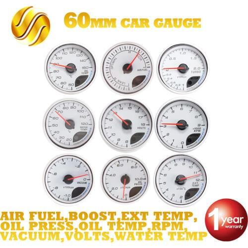 Dragon Gauge Car Gauge 60mm Boost VACUUM Water Temp Oil Temp OIL PRESS VOLTS AIR/FUEL RATIO EXT TEMP RPM Meter White Dial Face