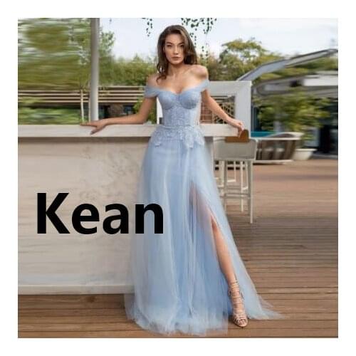 High Slit Sky Blue Off Shoulder Illusion Evening Dresses Special Occasion Dress Islamic Dubai Kaftan Saudi Arabic Prom Dress