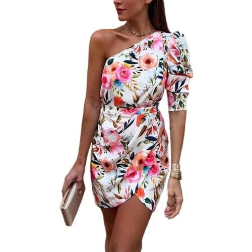 Spring Long Sleeve Dress Women 2021 Fashion Slim Off Shoulder Ruched Asymmetrical Slit Flowers Midi Dresses Elegant