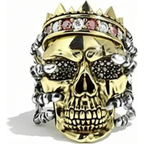 Vintage Punk Hand with Skeleton Skull Rings for Men Two-tone Personality Exaggerated Gothic Red Crystal Ring Night Club Jewelry