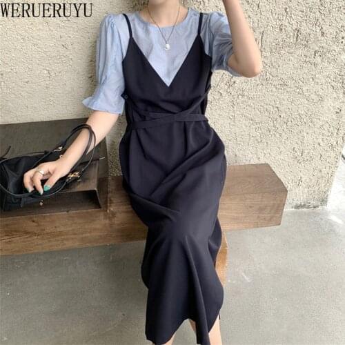 WERUERUYU Women Summer Half Sleeve Fake Two Piece Long Tshirt Dress Round Collar Loose Plus Size Split Dresses Elastic Bust