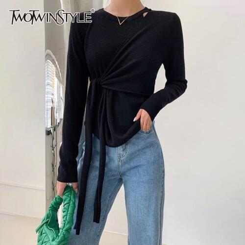 TWOTWINSTYLE Lace Up Bowknot T Shirts For Female O Neck Long Sleeve Solid Color High Waist Slimming Womens T Shirt Fashion New