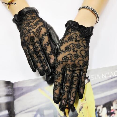 Top Fashion Women Gloves Wrist Lace Sheepskin Glove Solid Genuine Leather Dressing Sunscreen Driving Unlined Free Shipping G-411