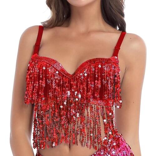 Women Sexy Underwired Padded Bra Top Nightclub Stage Performance Dancewear Bra Top Sequins Tassel Latin Jazz Belly Dance Costume