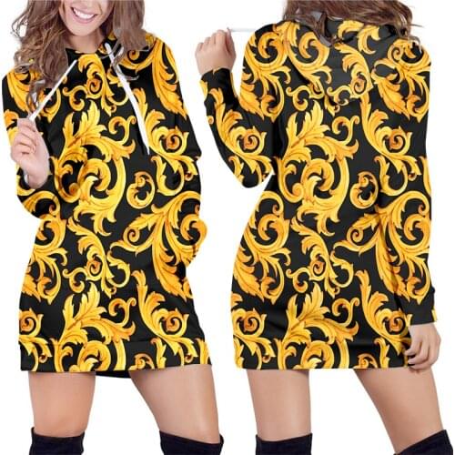 IFPD Baroque Court Style Hoodies Dress Womens 3d Print Golden Flower Luxury Sweatshirts Women Plus Size Pullover Drop Shipping