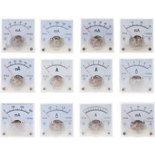 91C4 Ammeter DC Analog Current Meter Panel Mechanical Pointer Type 1/2/3/5/10/20/30/50/100/200/300/500mA A