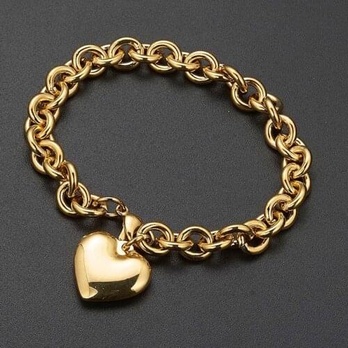 Love Heart Bracelet Bangle Fashion Gold Tone Stainless Steel New Design Women Elegant Chain Jewelry Gifts 8mm 7-11 inch