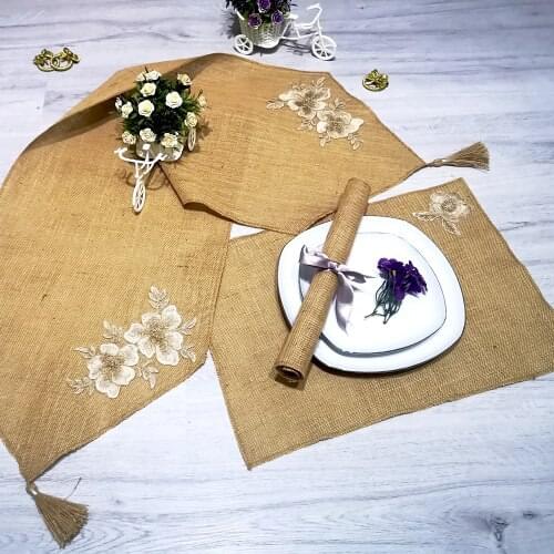 Çiçek Desenli Hasır Runner ve Amerikan Servisi Takımı / Jüt Kumaş Mutfak Örtüsü