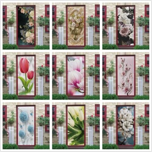 Flowers In A Vase Wallpaper 3D Door Sticker For Girls Room Bedroom Home Decor Mural Self Stick PVC Poster Door Decoration Decals