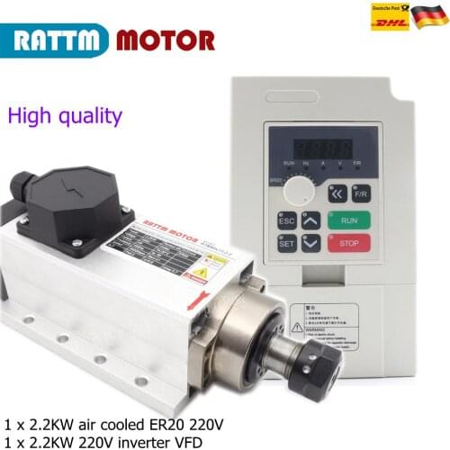 EU delivery Square Air Cooled Lathe Spindle Motor 2.2KW 220V ER20 6A 4 Ceramic Bearing with Inverter VFD 2.2KW