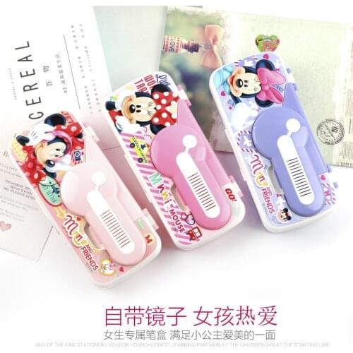 Disney Mickey double layer multifunctional pencil case cartoon cute stationery box with comb mirror learning toy gift