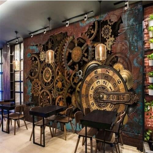 Custom Photo European American Shabby Retro Metal Gears Self Adhesive Wallpaper 3D Bar KTV Industrial Decor Background Murals