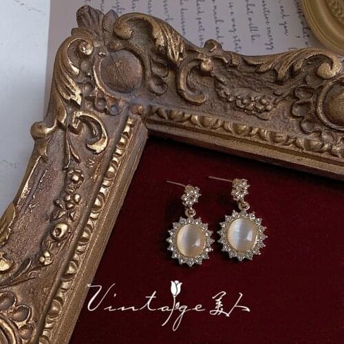 French Court Vintage Elegant Exquisite Wedding Zircon Shining Oval Opal Silver Needle Ear Drop Earrings Jewelry for Women Gift